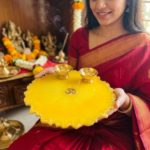 Yellow Resin Pooja Thali with OM - Image 2