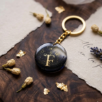 Black Alphabet F Resin Round Keychain