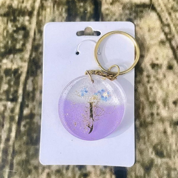 Purple Alphabet J Resin Round Keychain