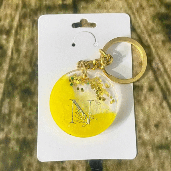 Yellow Dark Alphabet N Resin Round Keychain