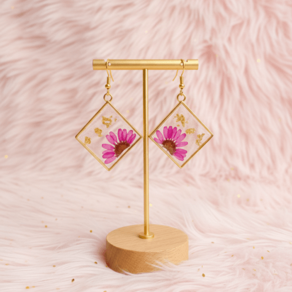 Diamond Pink Real Pressed Daisy Earrings
