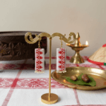 Red & White Gamusa Longitudinal Rectangular Earrings with Traditional Motifs and Pearl accents - Image 3