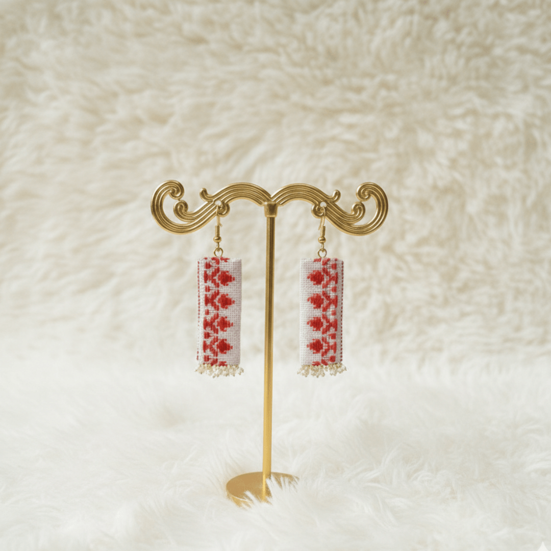 Gamusa border 2 Red & White Gamusa Longitudinal Rectangular Earrings with Traditional Motifs and Pearl accents - Image 1