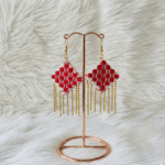 Red & White Gamusa Diamond Shaped Danglers with Gold Chain Charms