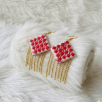 Red & White Gamusa Diamond Shaped Danglers with Gold Chain Charms - Image 2