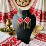 Red & White Gamusa Diamond Shaped Danglers with Gold Chain Charms - Image 3