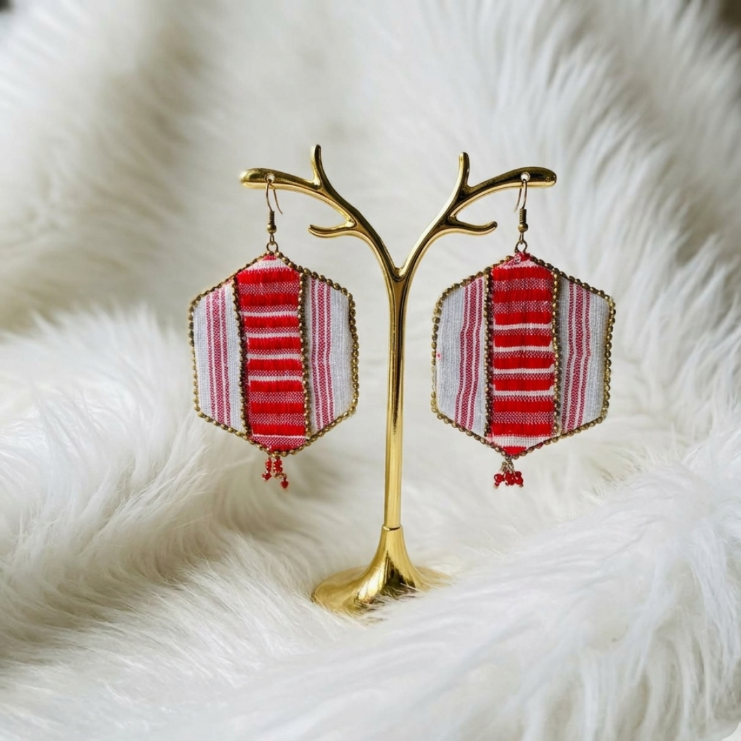 Hexa 2 Red & White Gamusa Hexagon Earrings with Traditional Motifs - Image 1