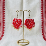 Red & White Gamusa Petagonal Earrings with Traditional Motifs and Pearl accents - Image 3