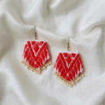 Red & White Gamusa Petagonal Earrings with Traditional Motifs and Pearl accents - Image 2