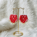 Red & White Gamusa Petagonal Earrings with Traditional Motifs and Pearl accents