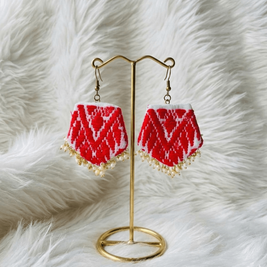 Petagonal 3 Red & White Gamusa Petagonal Earrings with Traditional Motifs and Pearl accents - Image 1