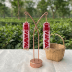 Red & White Gamusa Rectangular Danglers with Pearl Accents - Image 3