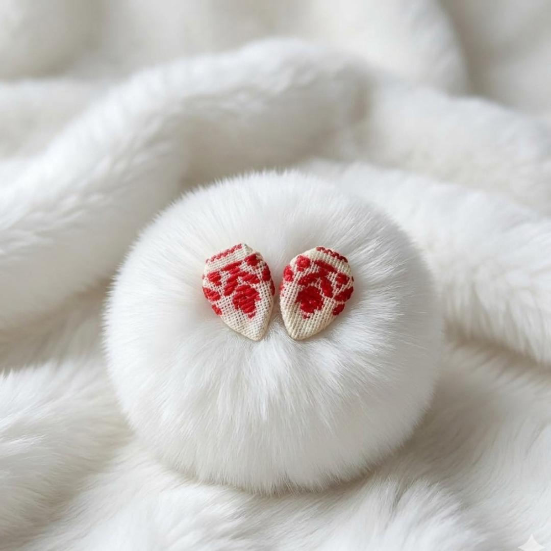 Stud 2 Red & White Gamusa Tear Drop Earrings - Image 1