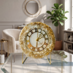 Gold and White Crystal studded Table Clock with Metal Stand