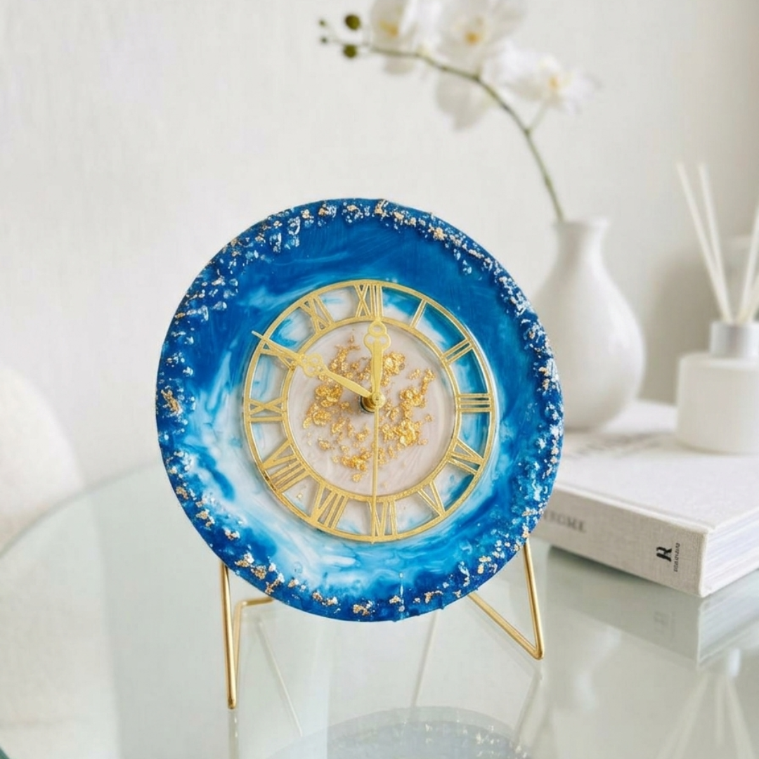 Timeless Elegance - Shades of Blue 1 Shades of Blue Resin Table Clocks with Metal Stand - Image 1